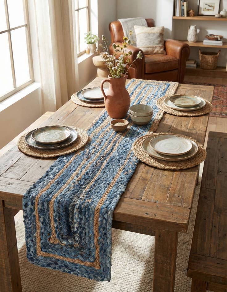 Detail image of 1' 2 x 6' 1  Hand Braided Chindi Table Runner Rug