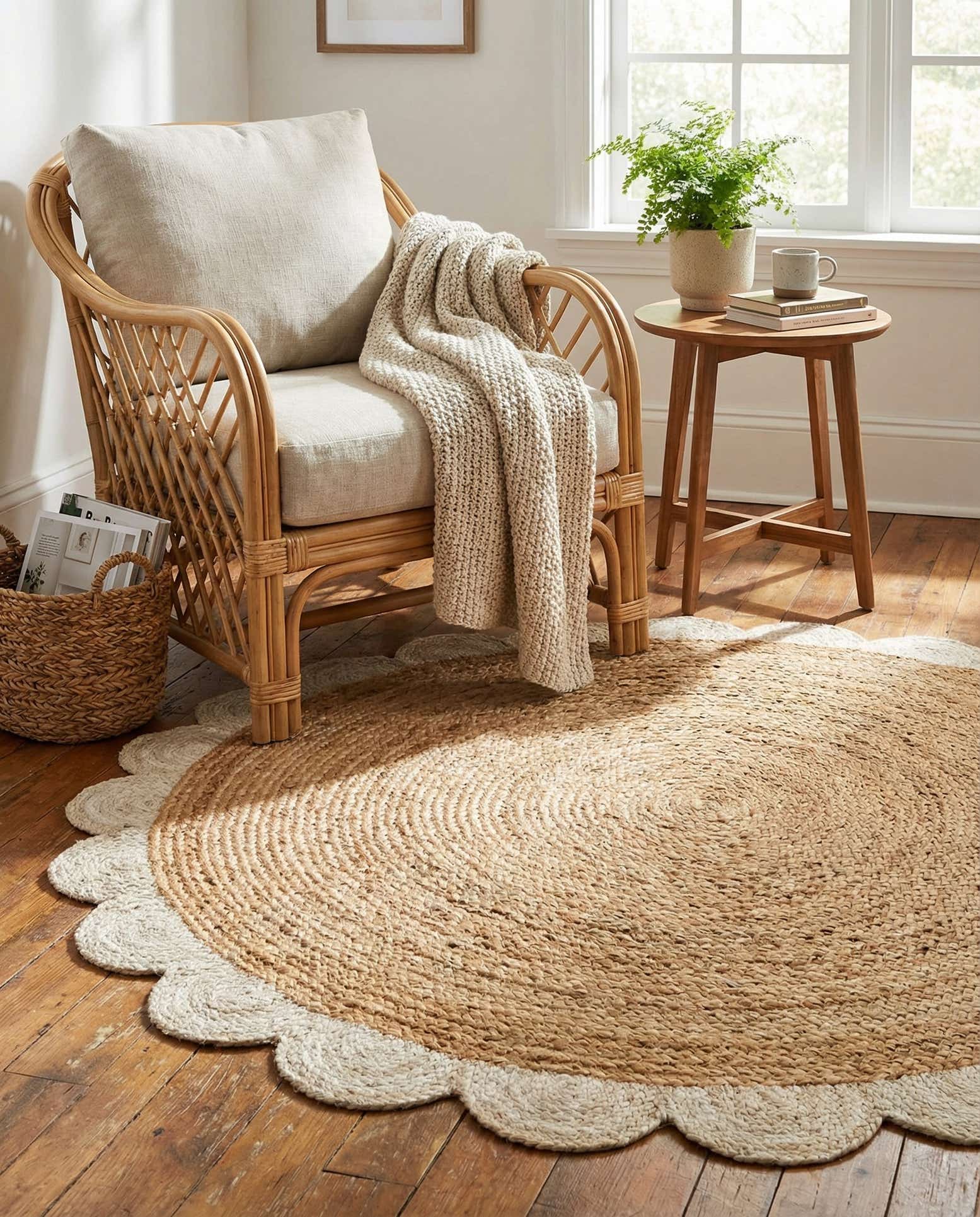 4' 1 x 4' 1 Handmade Scallop Braided Jute Round Rug