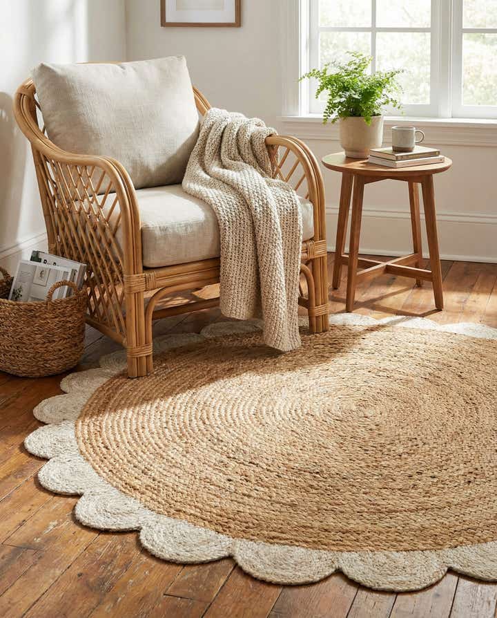 4' 1 x 4' 1 Handmade Scallop Braided Jute Round Rug