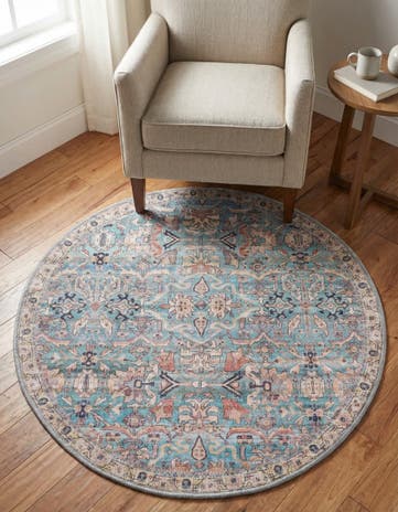 Blue Washable Nostalgia Round Rug