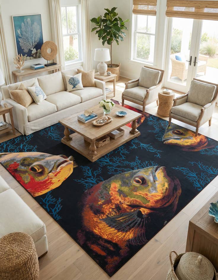 Detail image of 12' x 12'  Washable Coastal Indoor / Outdoor Square Rug