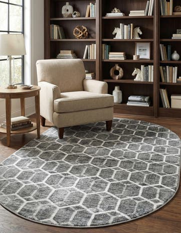 Grey Lattice Trellis Oval Rug