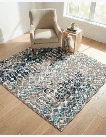 Multi Gray Blue Moroccan Trellis Square Rug