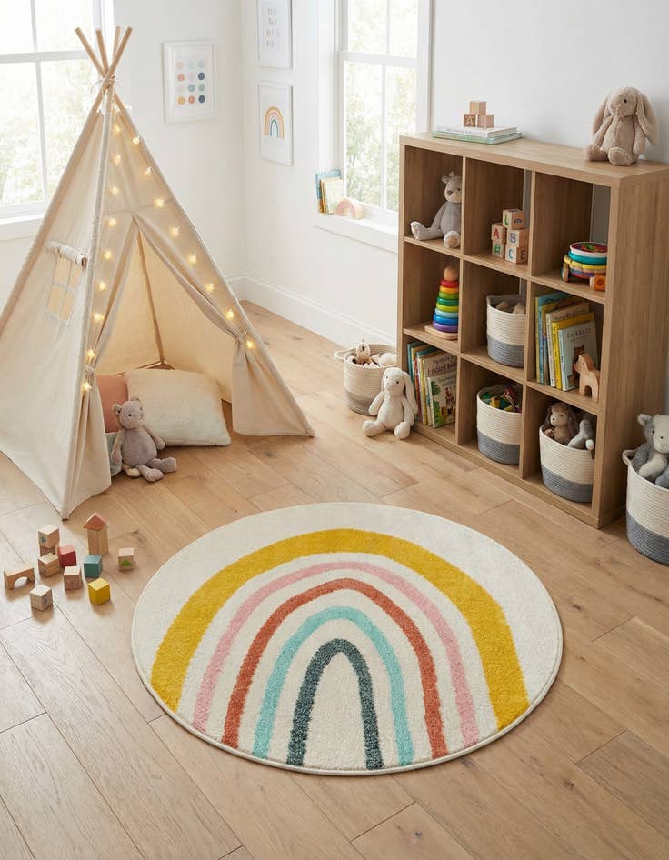 Detail image of 3' 3 x 3' 3 Rainbow Whimsy Kids Round Rug