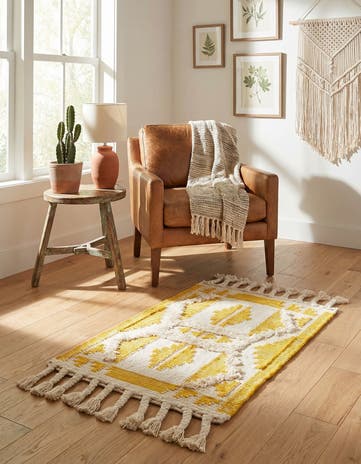 Yellow and White Hand Woven Arizona Wool Rug