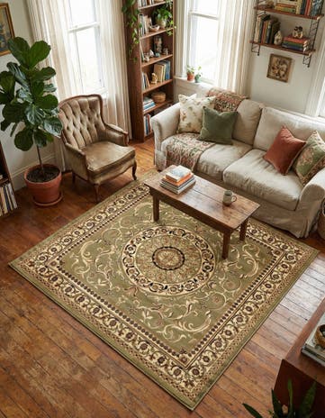 Light Green Classic Aubusson Square Rug