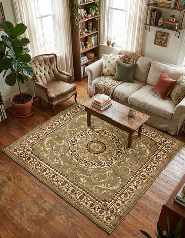 Light Green Classic Aubusson Square Rug