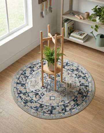 Ivory Gray Blue Kamala Washable Round Rug