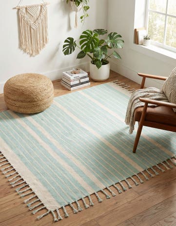 Aqua and White Hand Woven Chindi Cotton Square Rug