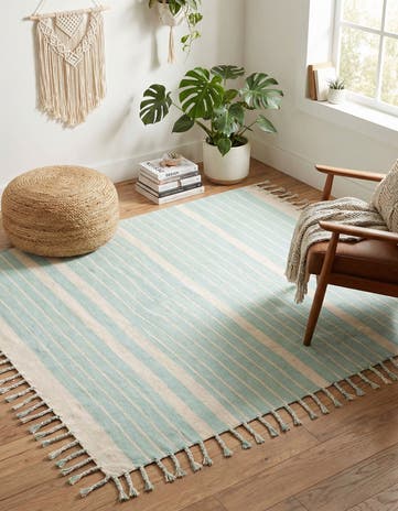 Aqua and White Hand Woven Chindi Cotton Square Rug