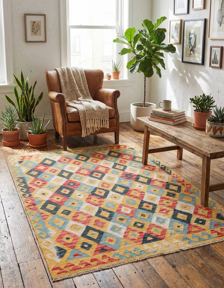 Detail image of 4' 2 x 5' 7 Hand Woven Kilim Maymana Wool Rug