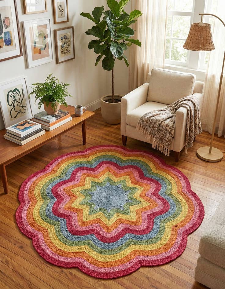 Detail image of 5' 1 x 5' 1 Hand Braided Happy Rugs Jawbreaker Poppy Round