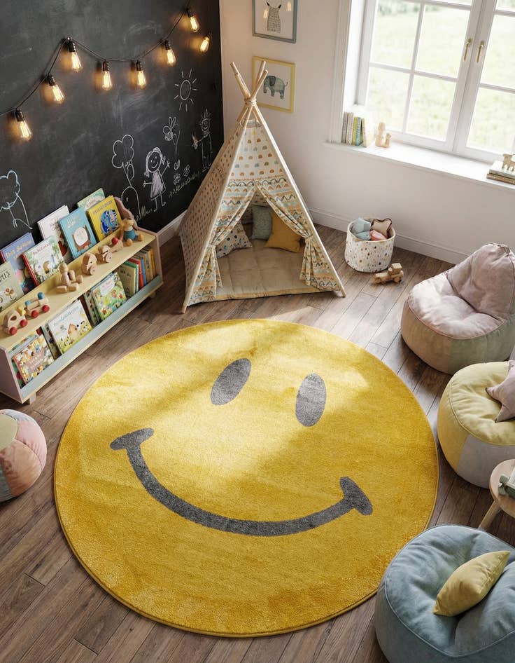 Detail image of 6' 1 x 6' 1 Smiley Face Whimsy Kids Round Rug