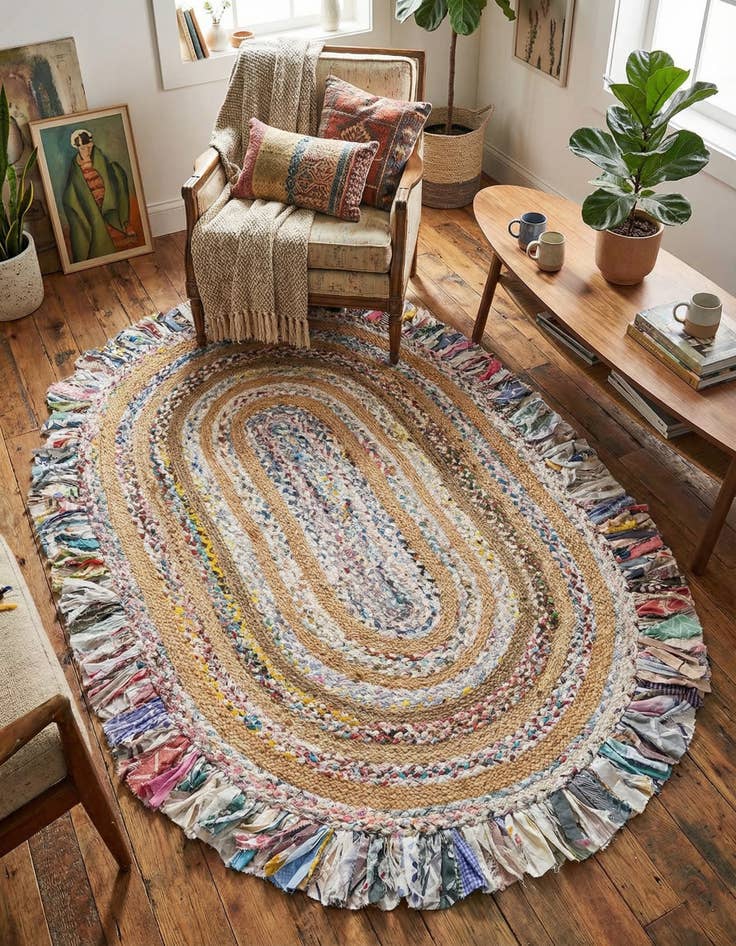 Detail image of  4' 1 x 6' 1  Hand Braided Chindi Jute Oval Rug