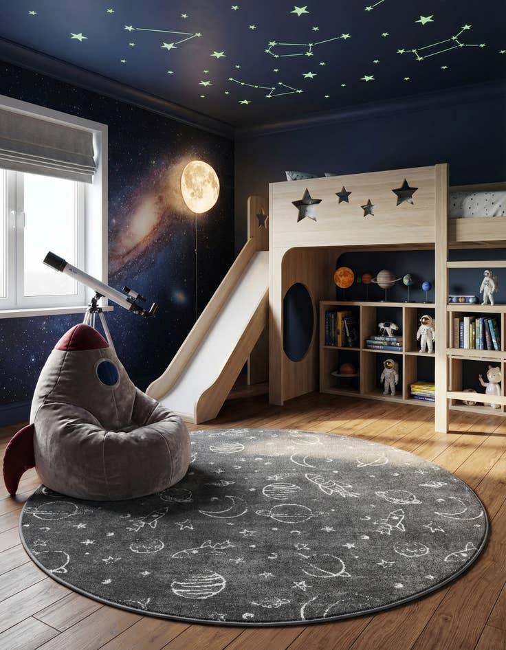 Detail image of 7' 10 x 7' 10 Planets Whimsy Kids Round Rug