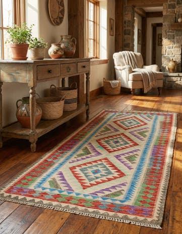 3' 2 x 6' 6 Hand Woven Kilim Maymana Wool Runner Rug