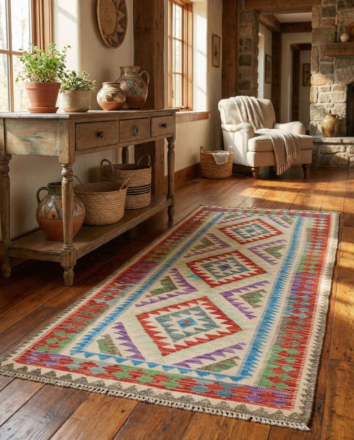3' 2 x 6' 6 Hand Woven Kilim Maymana Wool Runner Rug