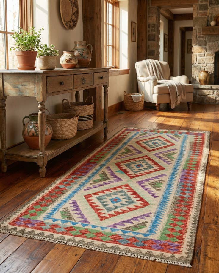 Detail image of 3' 2 x 6' 6 Hand Woven Kilim Maymana Wool Runner Rug