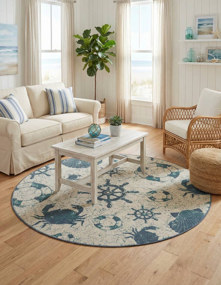 Detail image of 7' x 7' Washable Coastal Indoor / Outdoor Round Rug