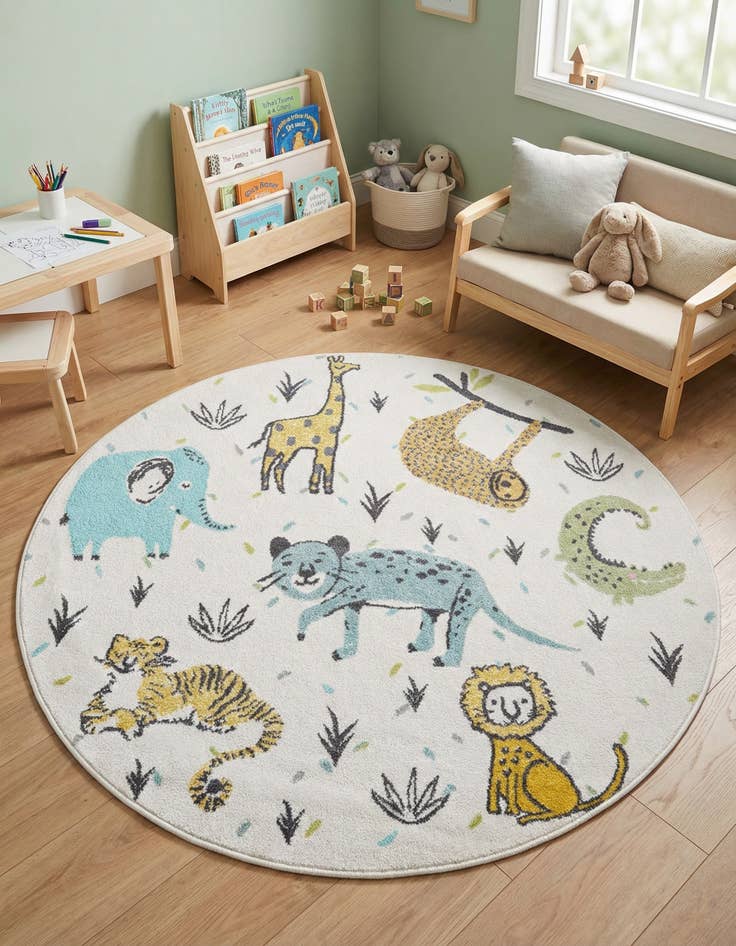 Detail image of 5' 3 x 5' 3 Animals Whimsy Kids Round Rug