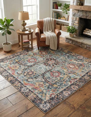 Vintage Green Washable Timeless Square Rug