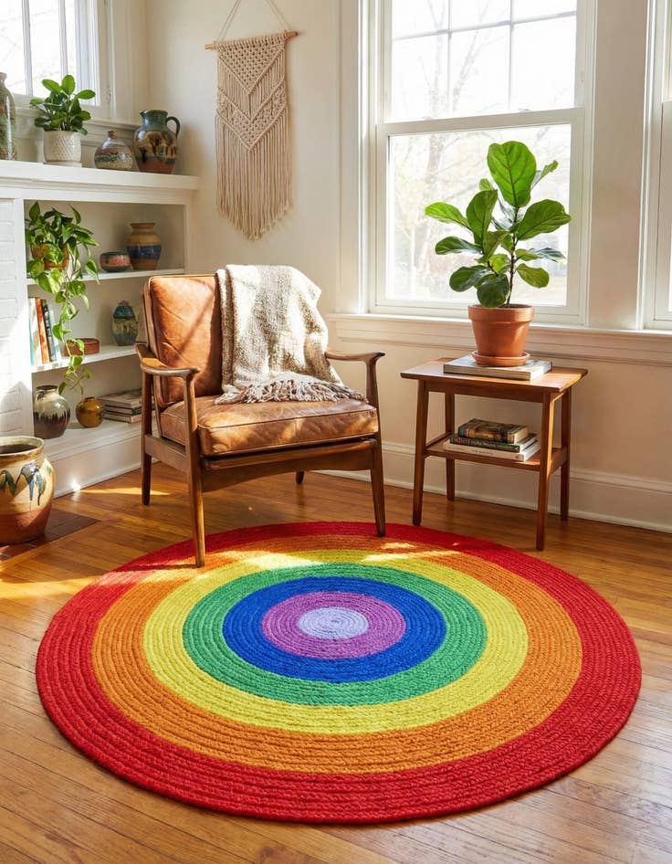 Detail image of 4' 1 x 4' 1 Handmade Hand Braided Rainbow Wool Round Rug