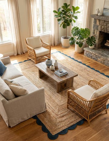 Natural and Green Handmade Scallop Braided Jute Rug