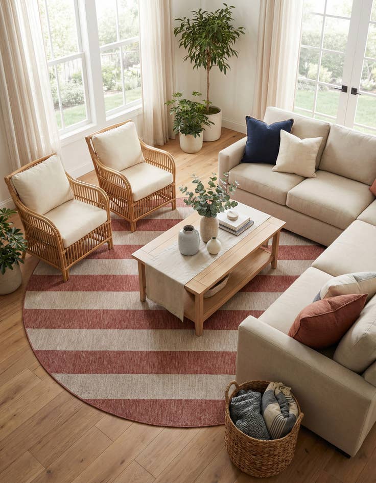 Detail image of 10' x 10'  Washable Striped Indoor / Outdoor Round Rug