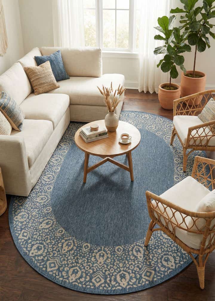 7' 10 x 10' Easy-Clean Border Indoor / Outdoor Oval Rug