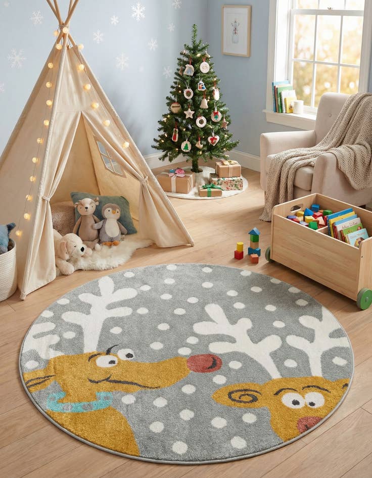 Detail image of 5' 1 x 5' 1 Reindeer Whimsy Kids Round Rug