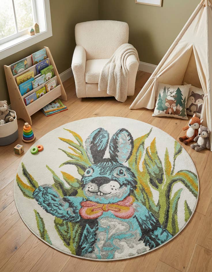 Detail image of 5' 1 x 5' 1 Rabbit Whimsy Kids Round Rug