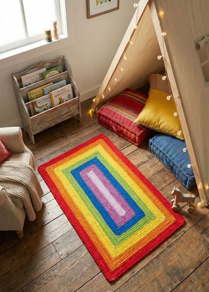 2' x 3' 1 Handmade Hand Braided Rainbow Wool Rug