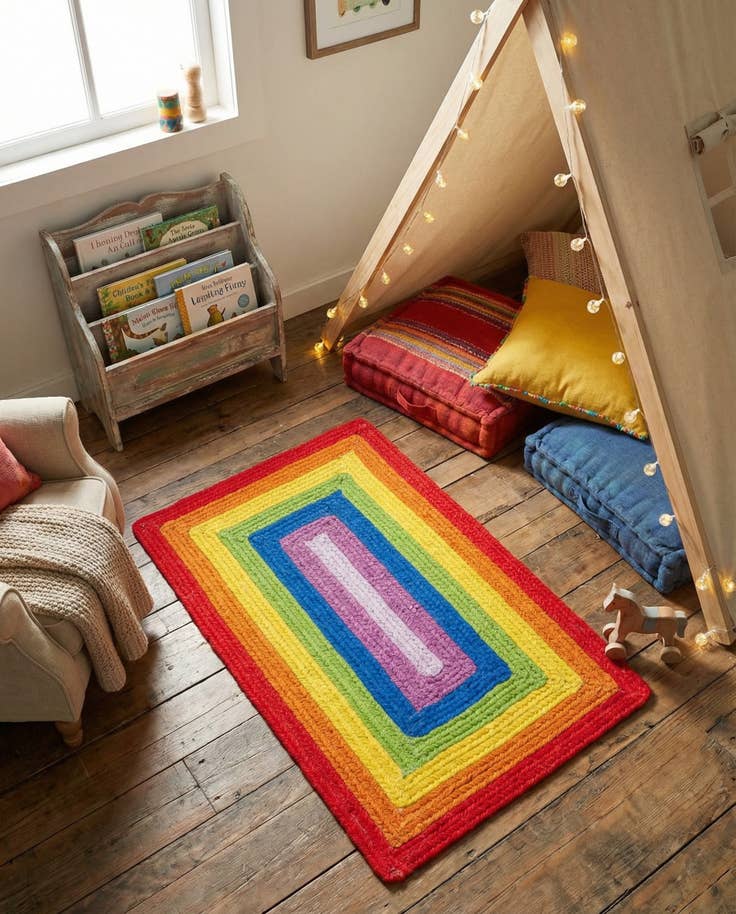 Detail image of 2' x 3' 1 Handmade Hand Braided Rainbow Wool Rug