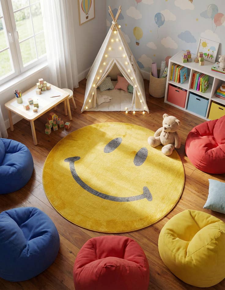 Detail image of 6' 1 x 6' 1 Smiley Face Whimsy Kids Round Rug