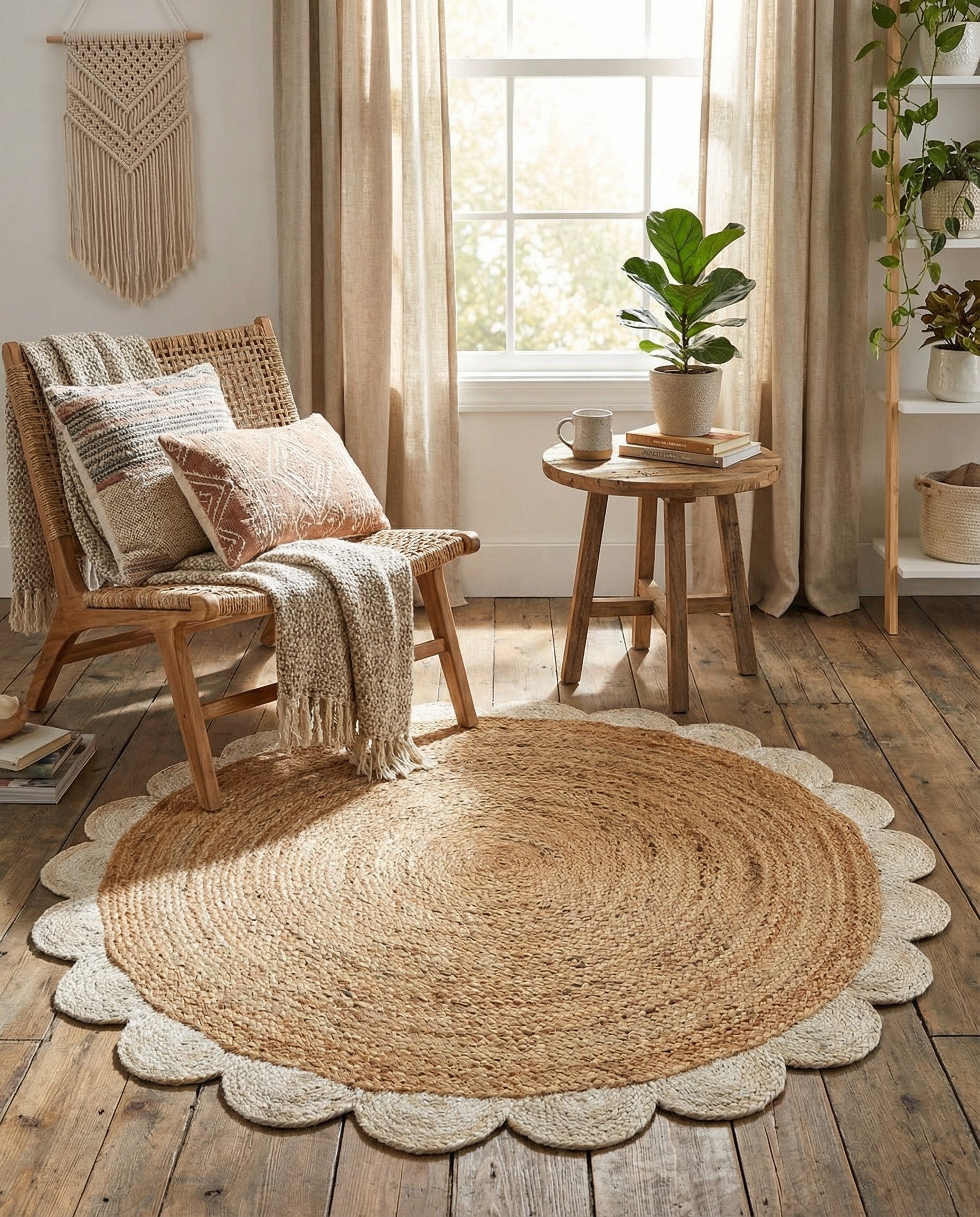 4' 1 x 4' 1 Handmade Scallop Braided Jute Round Rug