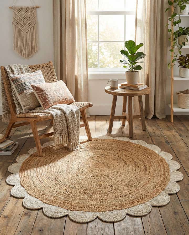 4' 1 x 4' 1 Handmade Scallop Braided Jute Round Rug