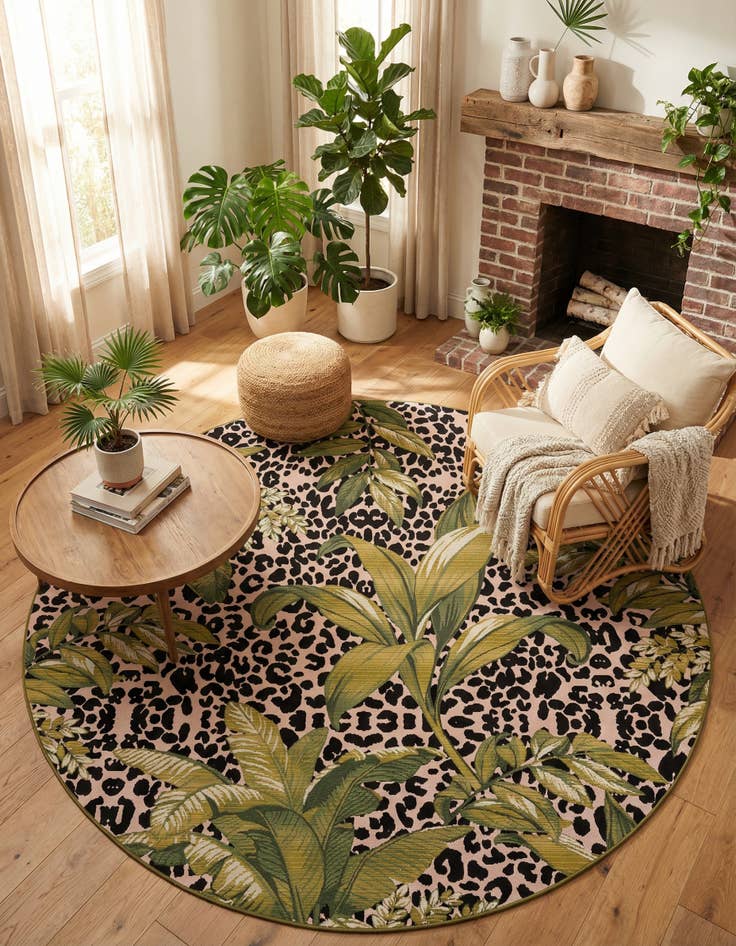 Detail image of 7' 10 x 7' 10 Washable Botanical Indoor / Outdoor Round Rug