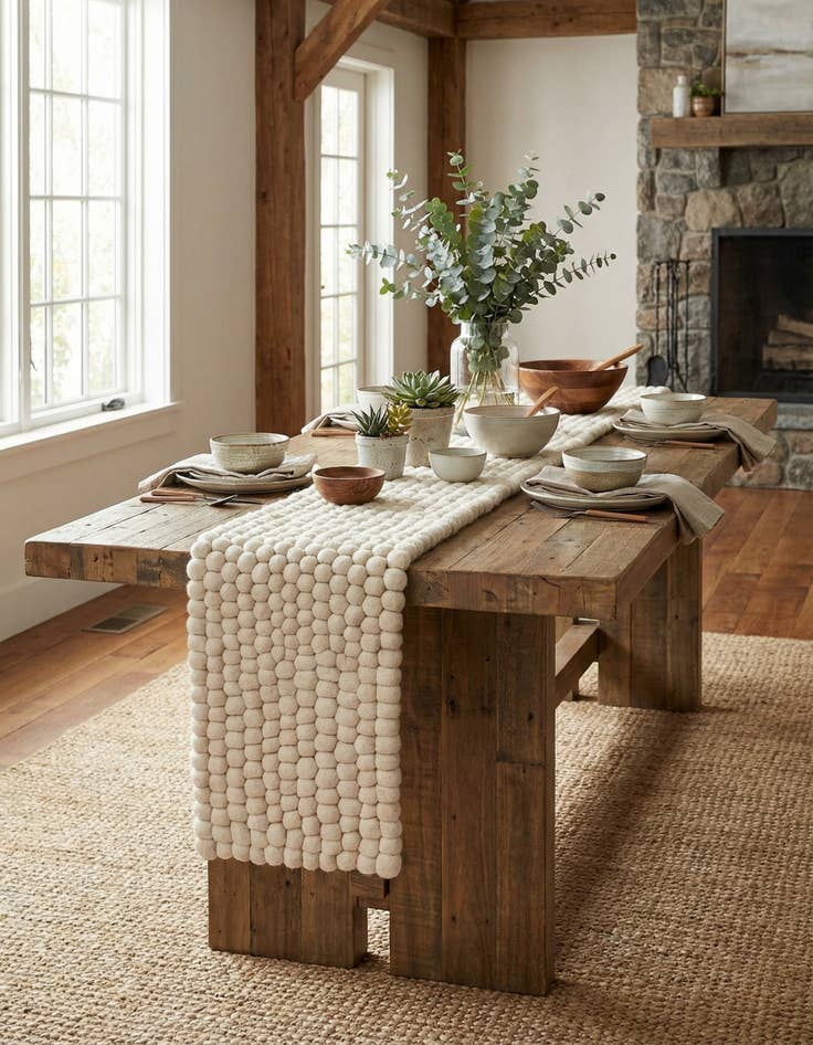 Detail image of 1' 2 x 6' 1  Hand Woven Felt Ball Wool Table Runner Rug