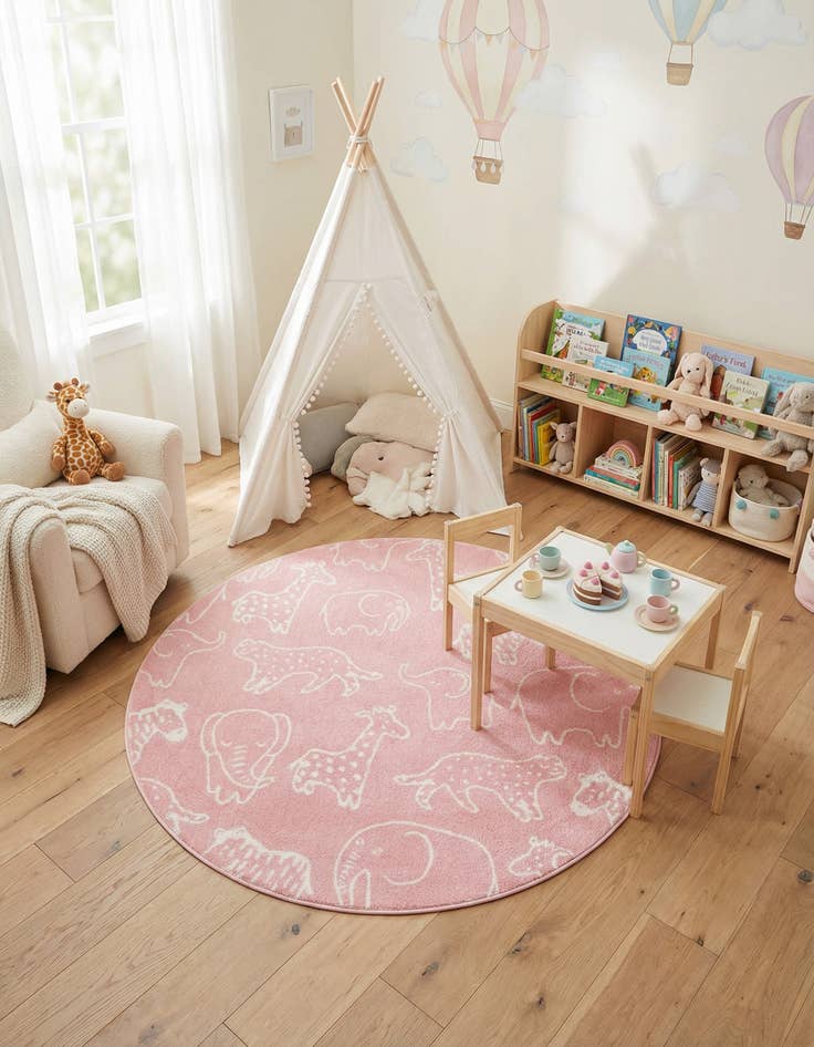 Detail image of 5' 3 x 5' 3 Animals Whimsy Kids Round Rug