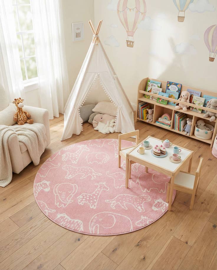 Detail image of 5' 3 x 5' 3 Animals Whimsy Kids Round Rug