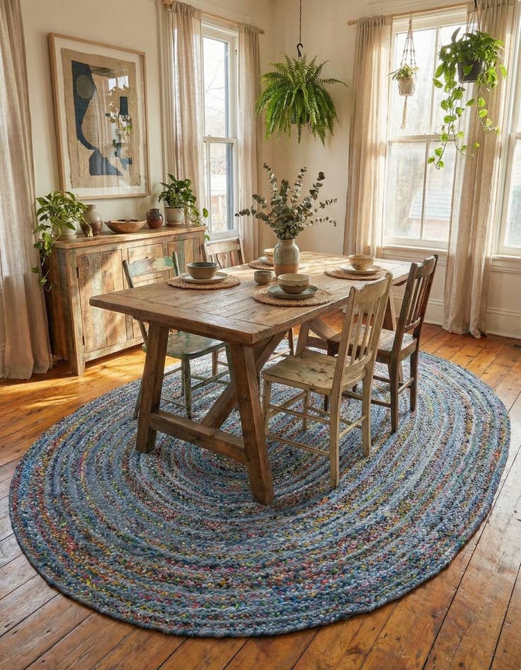 Detail image of 8' x 10'  Hand Braided Chindi Oval Rug