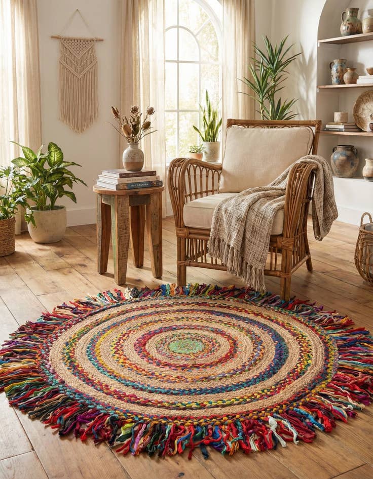 Detail image of  5' 1 x 5' 1  Hand Braided Chindi Jute Round Rug