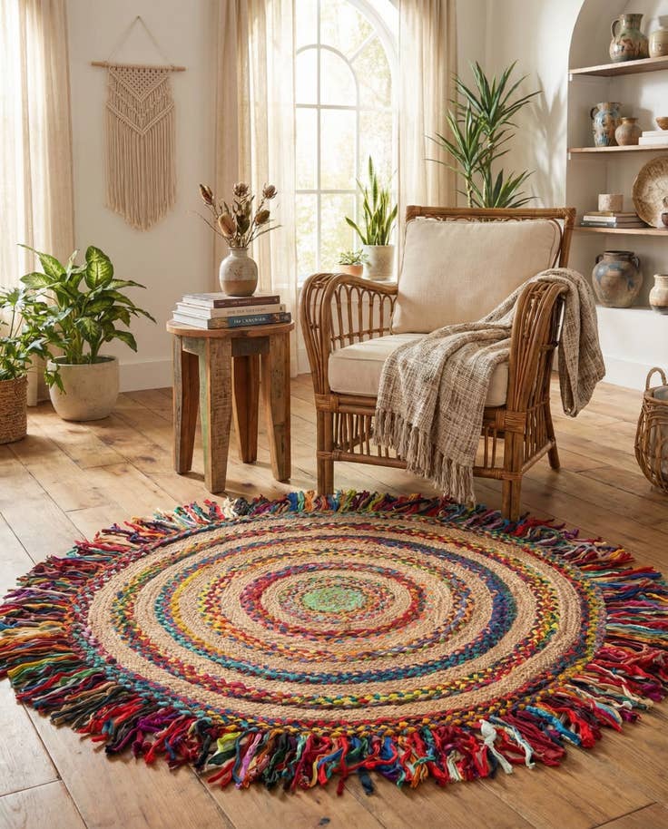 Detail image of 5' 1 x 5' 1 Hand Braided Chindi Jute Round Rug