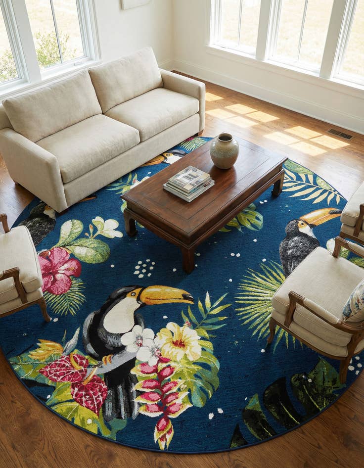 Detail image of 7' 10 x 7' 10 Washable Botanical Indoor / Outdoor Round Rug