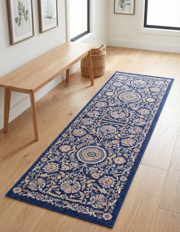 Navy Blue Blossom Runner Rug