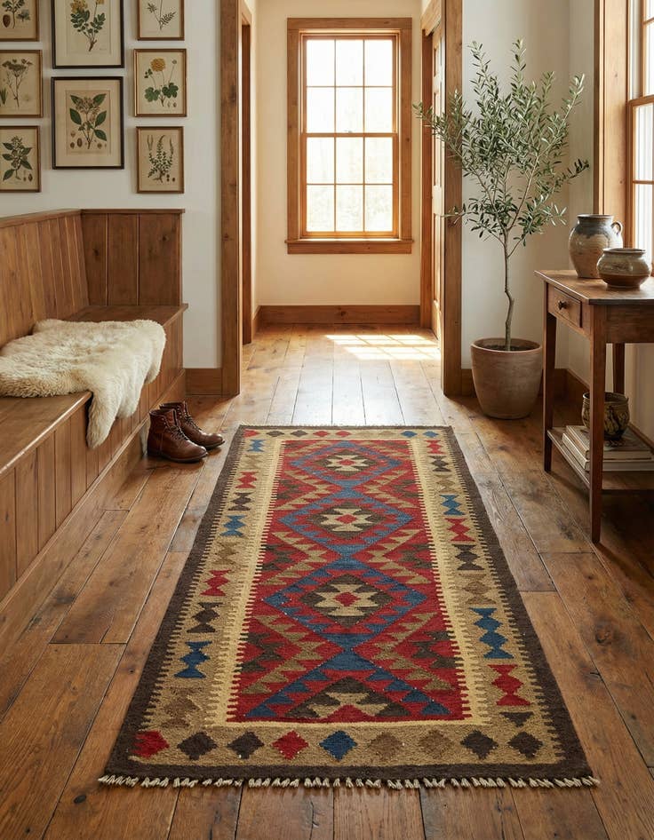 Detail image of 3' 5 x 6' 7 Hand Woven Kilim Maymana Wool Runner Rug