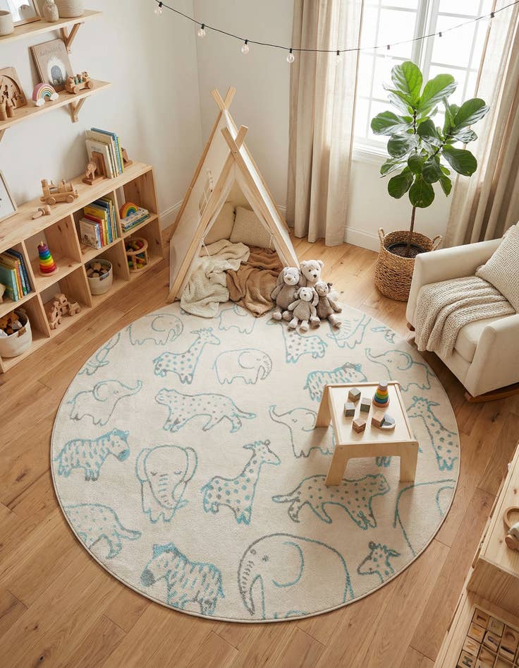 Detail image of 7' 10 x 7' 10 Animals Whimsy Kids Round Rug