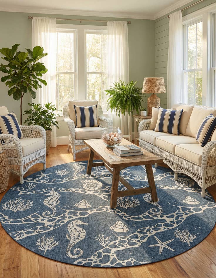 Detail image of 12' x 12'  Washable Coastal Indoor / Outdoor Round Rug