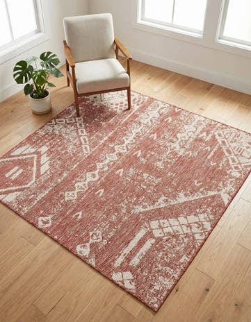 Rust Red Easy-Clean Bohemian Indoor / Outdoor Square Rug