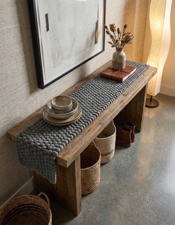 Detail image of 1' 2 x 8' Hand Woven Felt Ball Wool Table Runner Rug